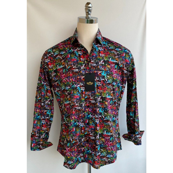 Bertigo Graffiti Long Sleeve Stretch Shirt size L - Picture 2 of 14